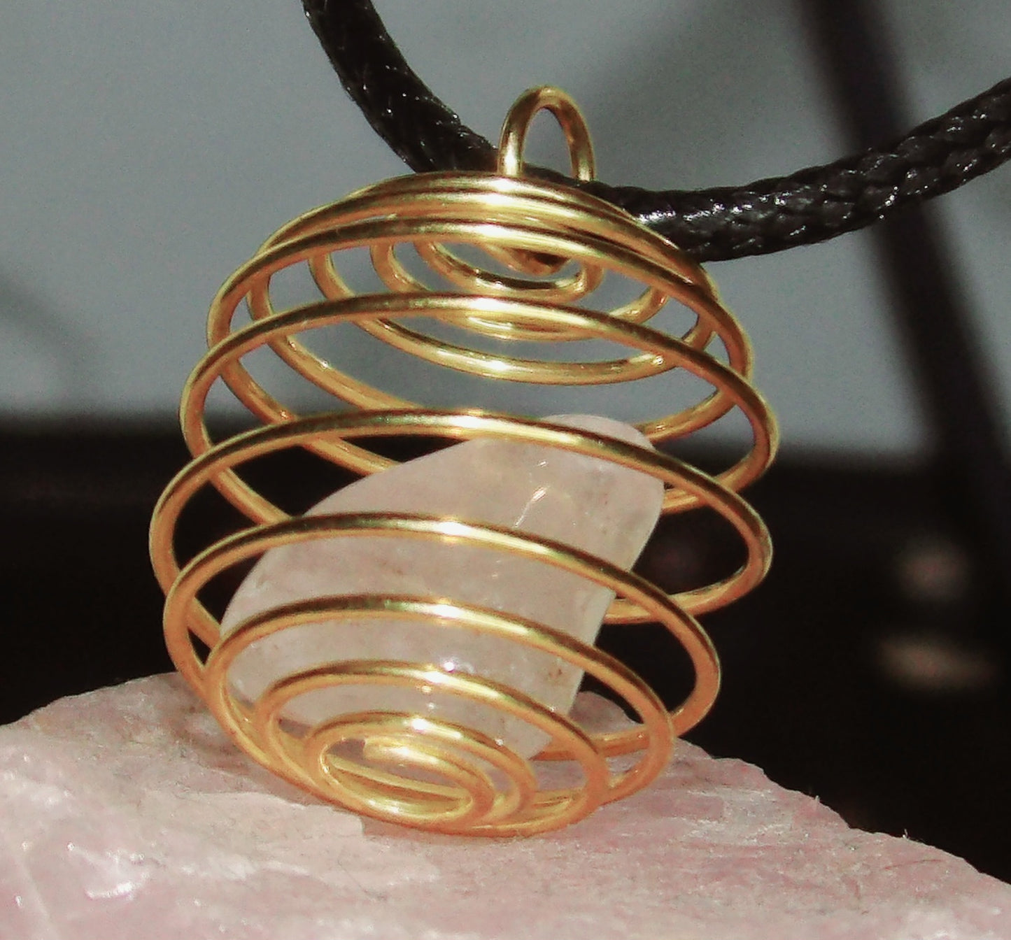 Gold Cage Clear Quartz on Cord Necklace