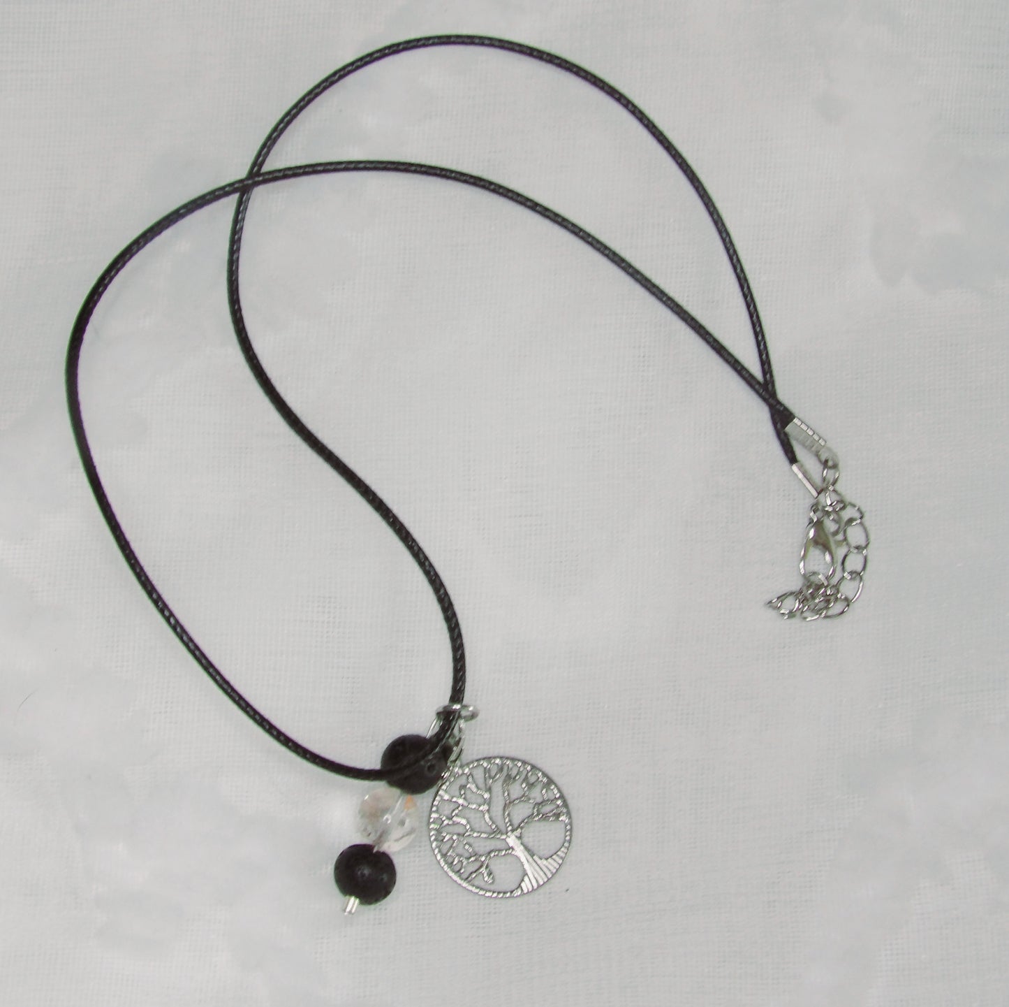 Clear Quartz with Lava Beads and Tree of Life Pendant on Cord Necklace