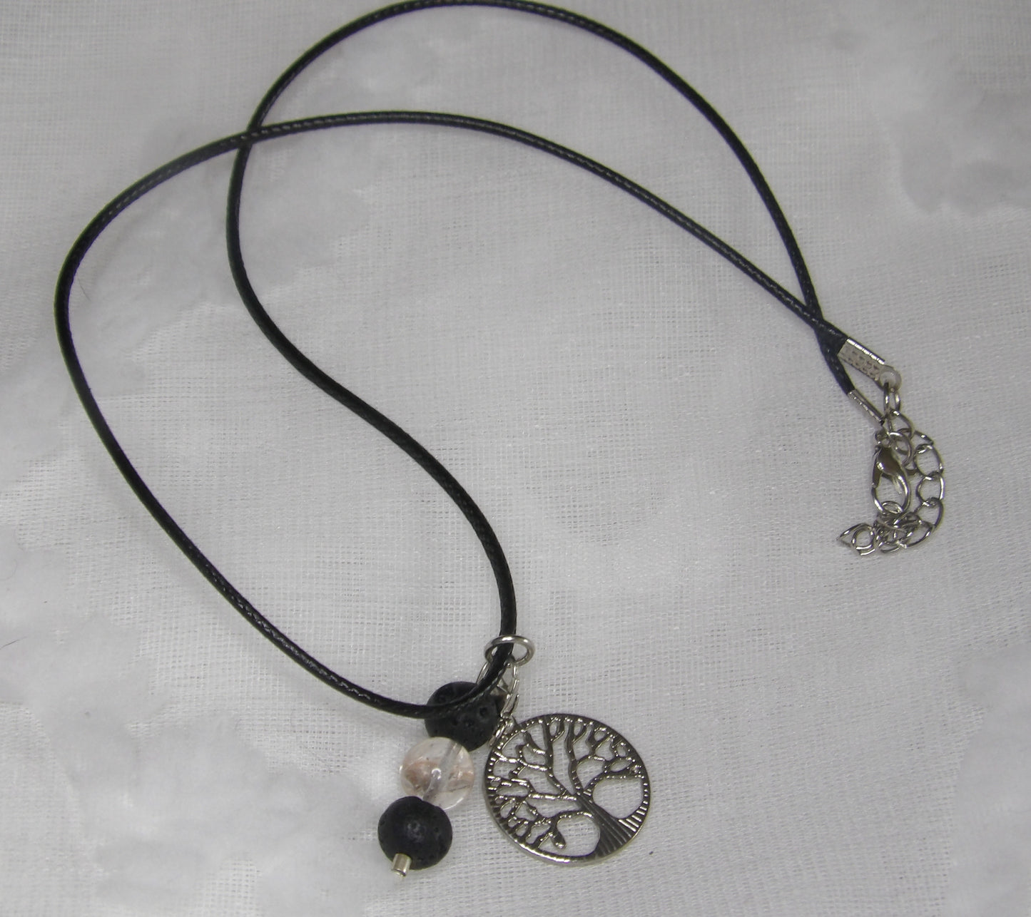 Clear Quartz with Lava Beads and Tree of Life Pendant on Cord Necklace