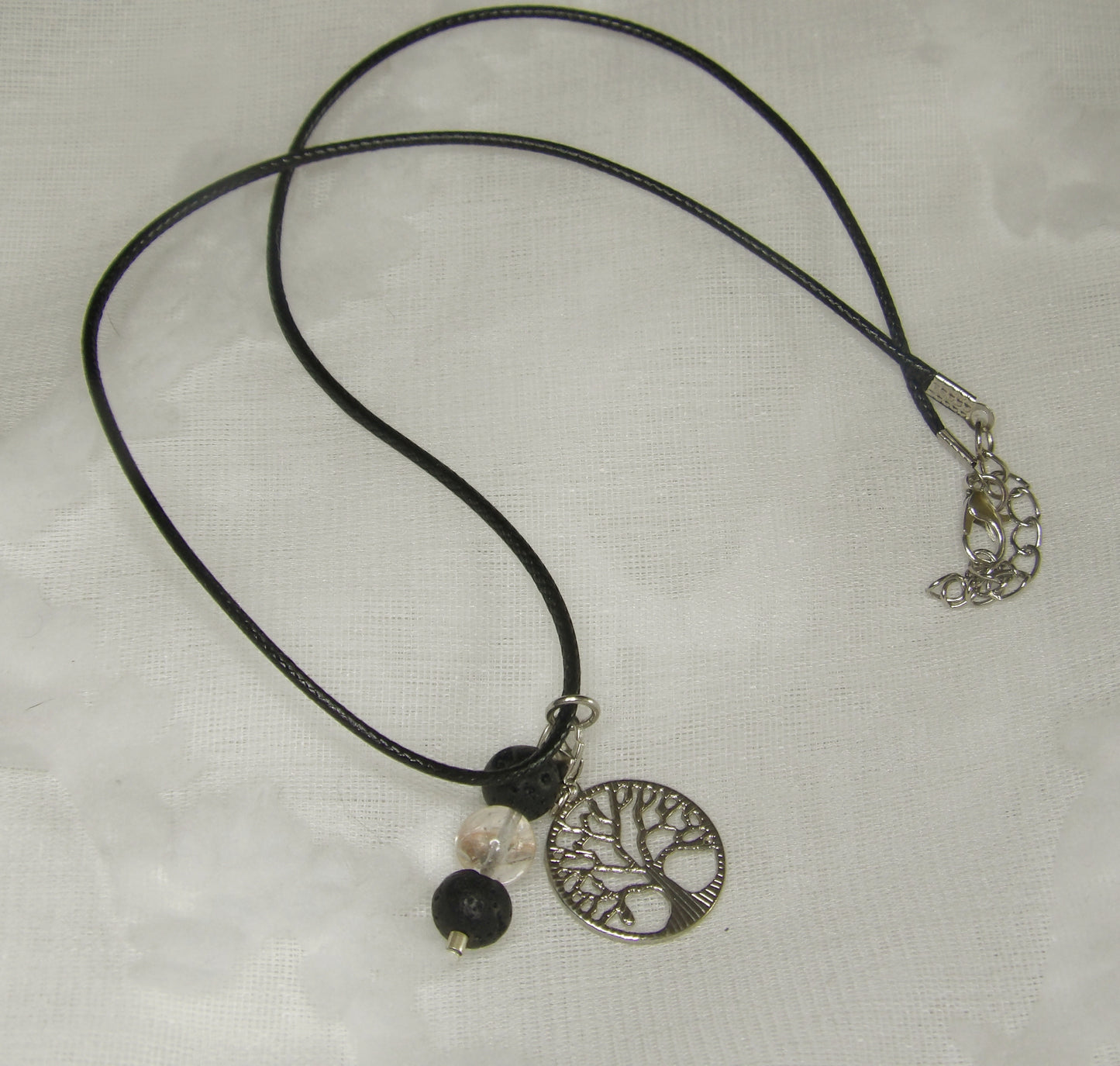 Clear Quartz with Lava Beads and Tree of Life Pendant on Cord Necklace