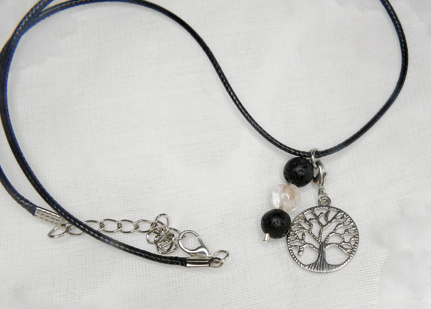 Clear Quartz with Lava Beads and Tree of Life Pendant on Cord Necklace