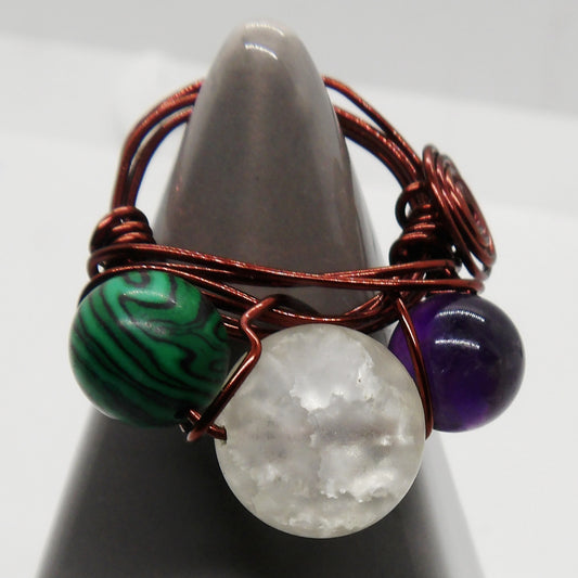 Quartz, Malachite, and Amethyst Ring Size 6