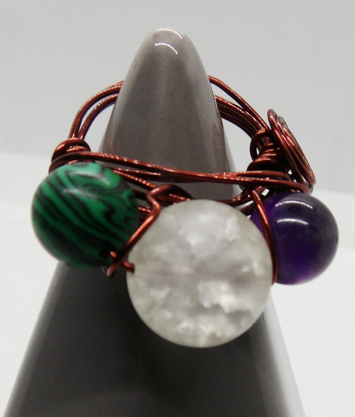 Quartz, Malachite, and Amethyst Ring Size 6